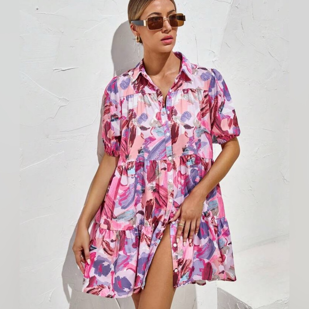 Short Sleeve Button Up Dress XS